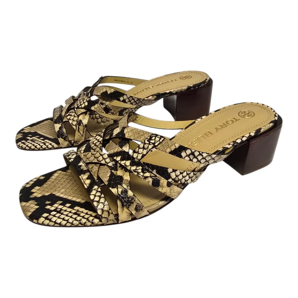 Tory Burch Slip On Sandal Mule Basket Weave Snakeskin Print Block Heel Multi 9